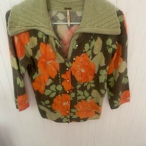 Free People Green and Orange Floral Cardigan